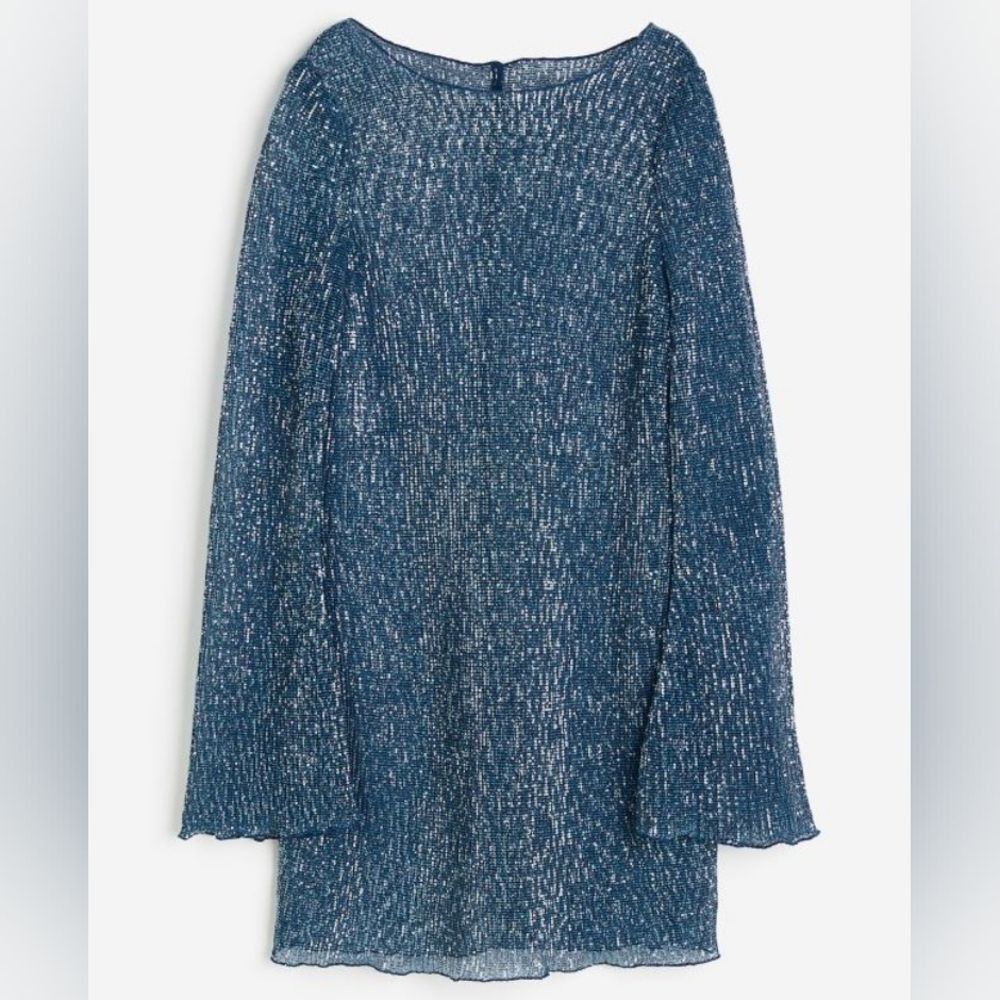 H&M Blue Sheer Sequin Long Sleeve Scoop Neck Mini Party Dress X-Large XL NWT